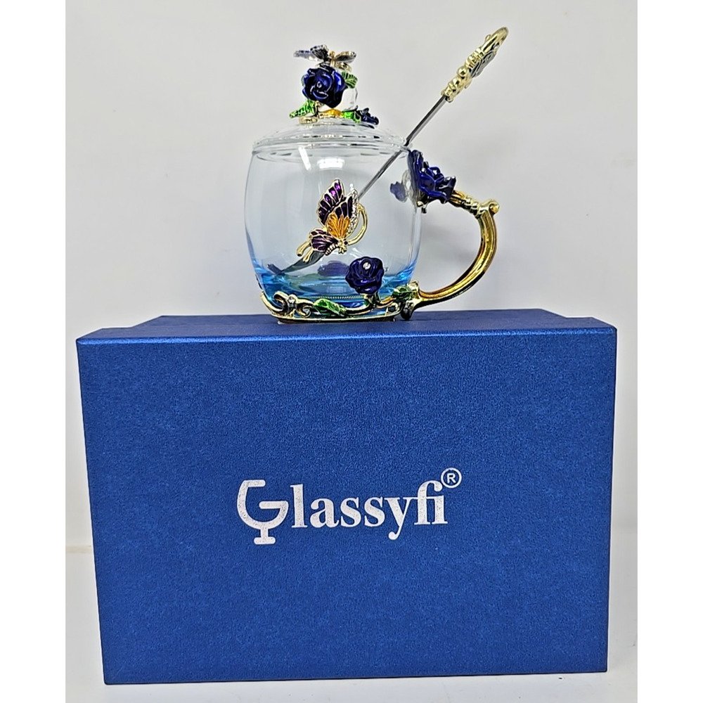 Glassyfi Butterfly Flower Glass Tea Cup Lid Spoon Purple Enamel in Box‎ U233